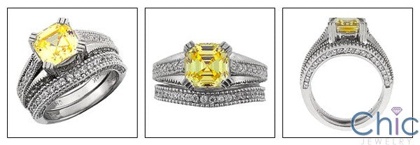 Matching Set 2.5 Canary Asscher Paves Cubic Zirconia Cz Ring