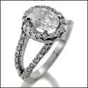 1.25 Oval Halo Euro Shank Pave Set Cubic Zirconia 14K White Gold Ring