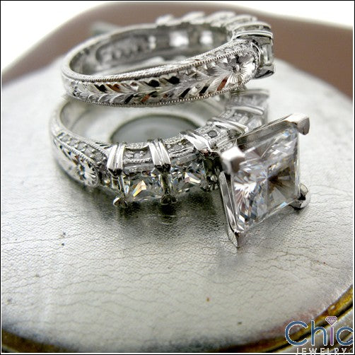 Matching Set 2 Ct Princess ring HCt Engraved Cubic Zirconia Cz Ring
