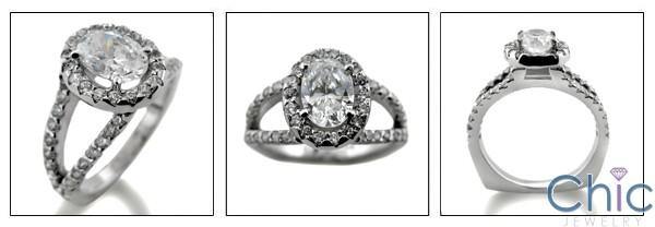 1.25 Oval Halo Euro Shank Pave Set Cubic Zirconia 14K White Gold Ring