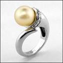 10MM Synthetic Pearl Cubic Zirconia Pave 14K White Gold  Right Hand Ring