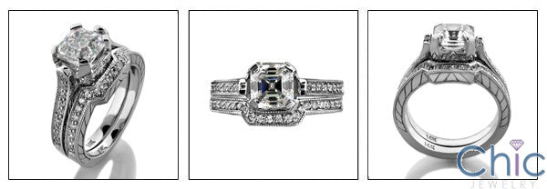 Matching Set 1.5 Asscher Pave Fitted Engraved Cubic Zirconia Cz Ring