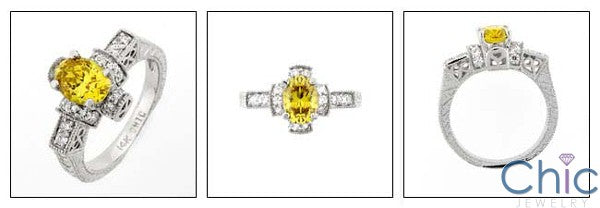 Estate 1.5 Yellow Oval Engraved Shank Pave Cubic Zirconia Cz Ring