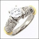 Round 1 Carat Cubic Zirconia 4 Prong Two tone Gold Estate Ring