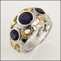 Estate 3 Bezel Set Sapphire Round Cubic Zirconia Two Tone Gold Ring