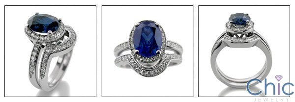 Matching Set 2.5 Sapphire Oval Center Pave Curved Cubic Zirconia Cz Ring