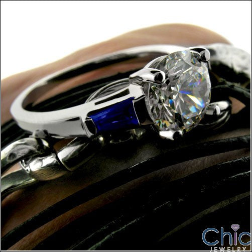 Engagement 2.25 Round Diamond CZ witihandsapphire Baguettes Cubic Zirconia Cz Ring