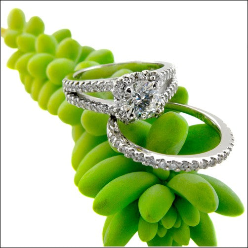 Engagement .85 Round Center Split Shank Pave Set Cubic Zirconia 14K W Gold Ring