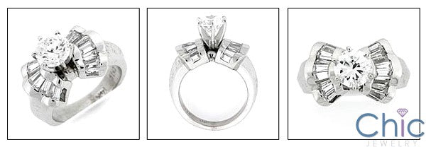 Cubic Zirconia 1 Carat Round Engagement Ring Channel Tapered Baguettes 14K White Gold