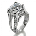 2.5 Round Center Cubic Zirconia Split Pave Shank Milligree 14K White Gold Ring