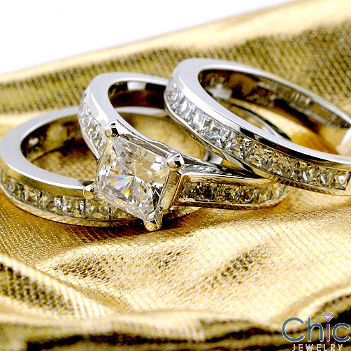 Matching Set 1 Ct Princess Channel Wedding Cubic Zirconia Cz Ring