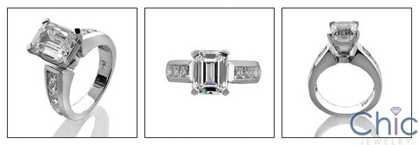 Emerald Cut Cubic Zirconia 2 Carat Center Channel Sides 14K White Gold Engagement Ring