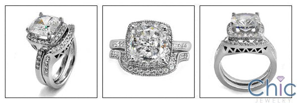 Matching Set 3 Ct Cushion Ct Pave Curved Cubic Zirconia Cz Ring