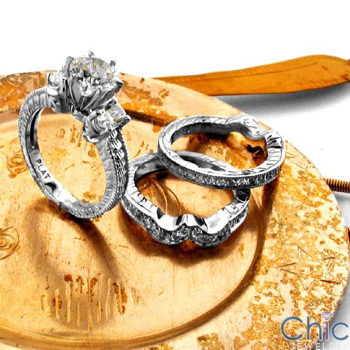 Matching Set 1 Ct Round Center Engraved Fitted Cubic Zirconia Cz Ring