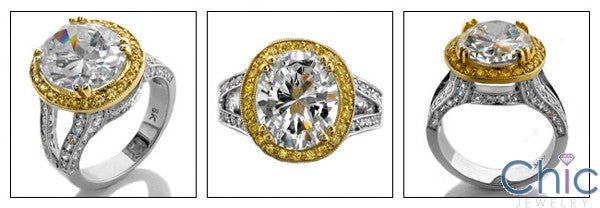 4 Carat Oval Cubic Zirconia Two Tone Solid Gold Halo Pave Engagement Ring