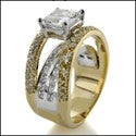 Cubic Zirocnia Engagement Ring Princess 1.5 Ct Center Two Tone 14K Gold Channel Pave Shank