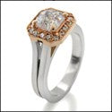 High Quality 1 Carat Asscher CZ Rose Gold Halo Two Tone Plain Band Cubic Zirconia Engagement Ring