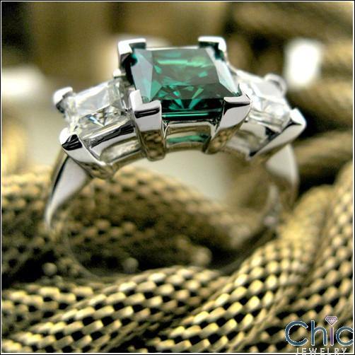 1.5 Emerald Green Princess Diamond Cubic Zirconia 3 Stone Ring 14K White Gold