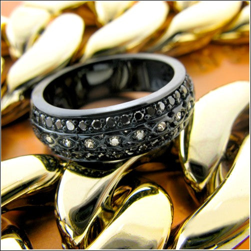 Wedding Black Rhodium Solid 14K Gold Cubic Zirconia Round Stones in Pave Band