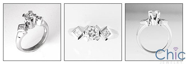 Cubic Zirconia 1 Carat Round Engagement Ring Princess CZ Sides 14K White Gold