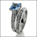 Matching Set Aqua Asscher 1 Ct Engagment Ring Pave Cubic Zirconia Cz Ring