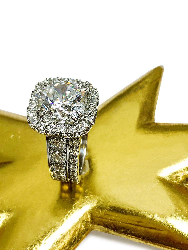 6 Carat Rounded Cushion Halo Style Engagement Ring with Eternity Band 14K White Gold