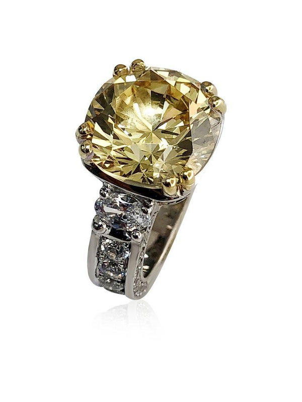 6 Carat Highest Quality Cushion Cut Canary  Engagement Ring Eternity Style Shank 14K  Two Tone Gold
