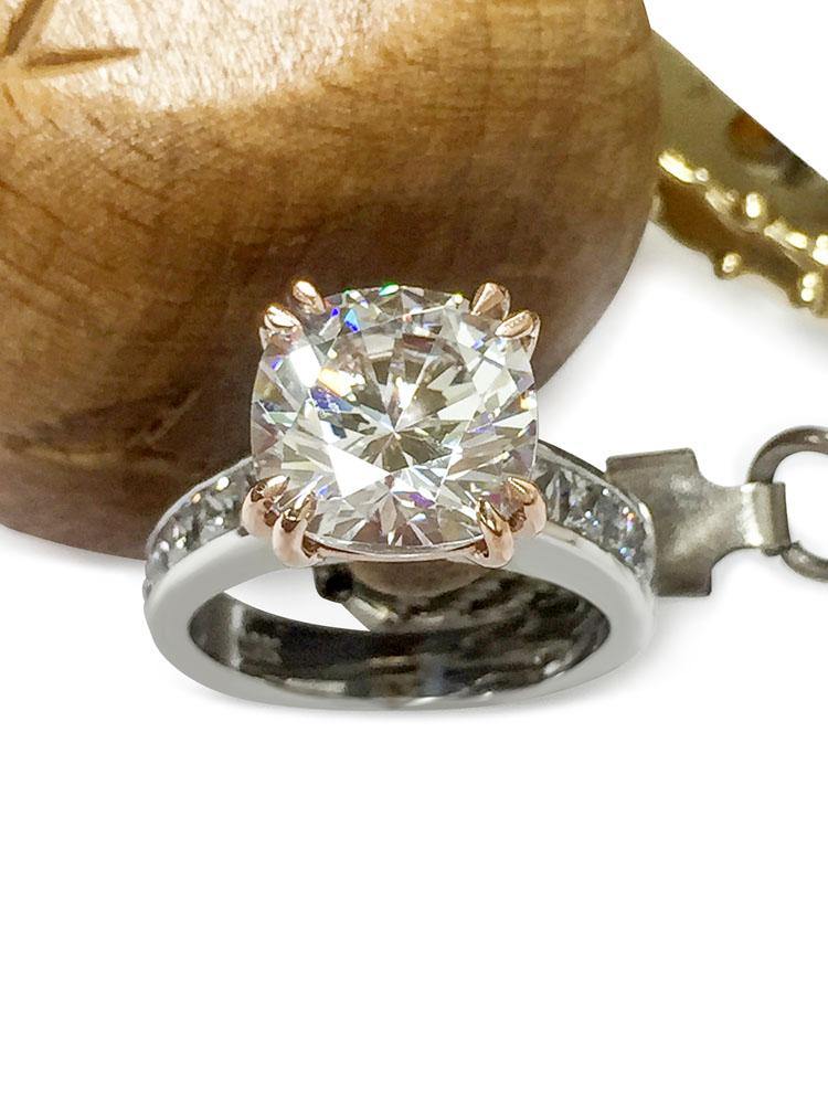 6 Carat Cushion Cut Cubic Zirconia Rose Gold Double Wire Prongs Two tone Engagement Ring- The Lisa RIng