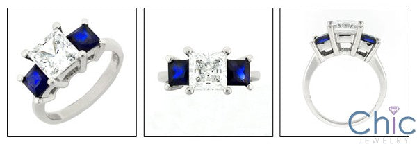 Past Present Future 3 Stone Cubic Zirconia Princess Sapphire 1.25 Carat Ring 14K White Gold
