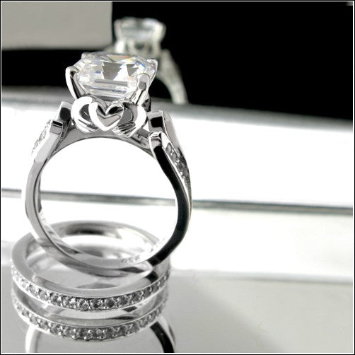 Heart Holding Hands Asscher 2.5 Carat Cubic Zirconia Ring With a Band in Pave 14K White Gold