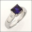 Solitaire 1 Carat Princess Sapphire Tiffany Style Cubic Zirconia Ring 14k White Gold