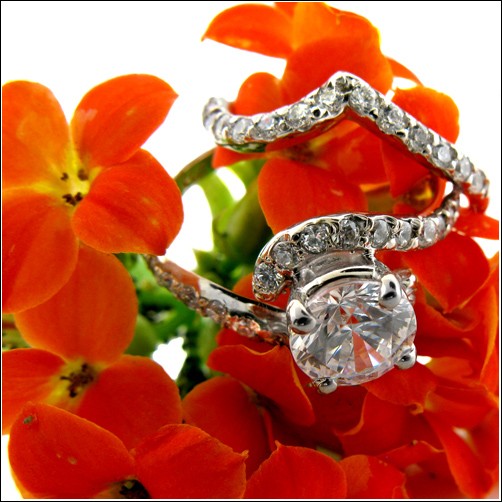 Matching Set 1 Ct Round Center Curved Engagement Ring Fitted Band Cubic Zirconia 14K White Gold