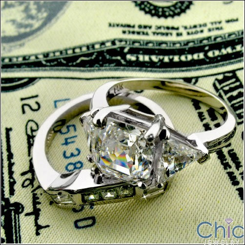 3.5 Asscher And Trillion Cubic Zirconia Ring Fitted Channel Matching Band 14K White Gold