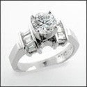 Cubic Zirconia Engagement Ring Round Center 1 Carat 4 Prong Channel Baguettes 14K White Gold