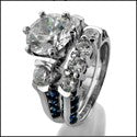 Matching Set 1.5 Round Center Sapphire Pave Cubic Zirconia Cz Ring