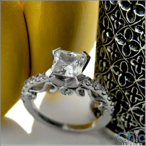 Engagement 1 Ct Princess Center Pave Scroll Cubic Zirconia Cz Ring