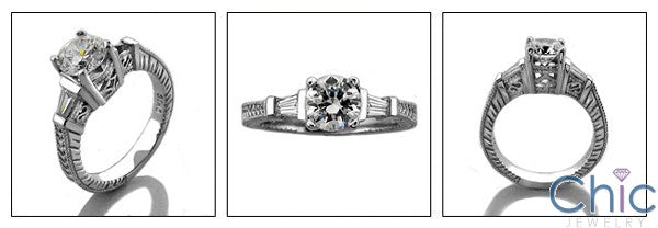 Engagement 1 Ct Round Tapered Baguettes in Channel Engraved Shank Cubic Zirconia Cz Ring
