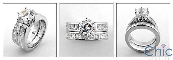 High Quality Cubic Zirconia Matching Engagement Ring Set Round 1.75 Center Stone Channel Princess Sides 14k W Gold