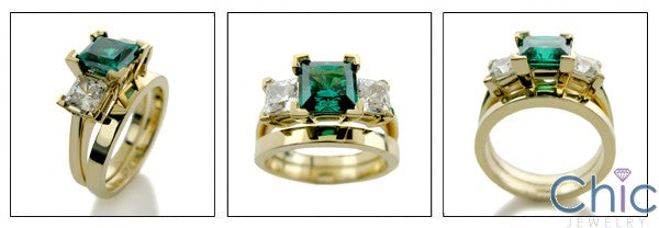 Matching Set 1.5 Green Emerald Princess 3 Stone Cubic Zirconia Cz Ring