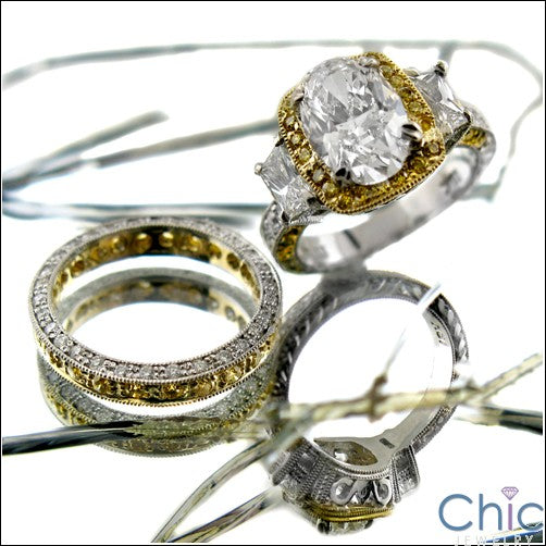 Matching Set 2 Ct Oval Ct Canary Pave Halo Two Tone Eternity Cubic Zirconia Cz Ring