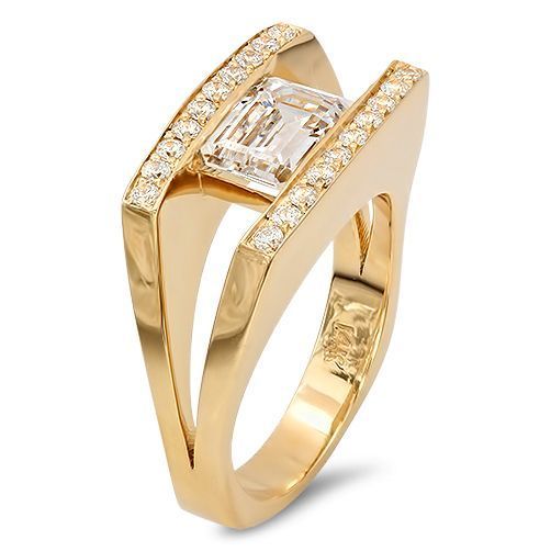 Emerald Cut CZ Channel Set Horizontally Euro Shank 14K Gold Ring