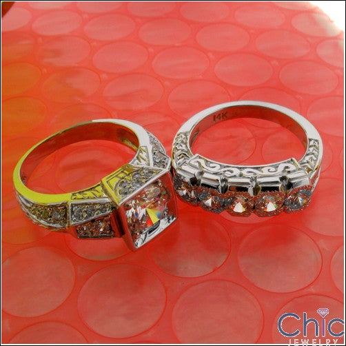 Matching Set Round 1 Ct Center Engraved Channel Cubic Zirconia Cz Ring