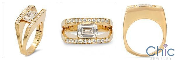 Emerald Cut CZ Channel Set Horizontally Euro Shank 14K Gold Ring