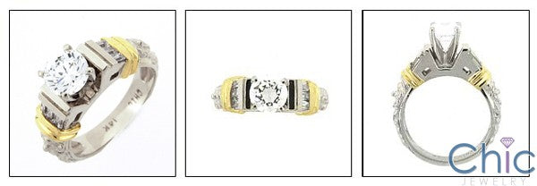 Estate .75 Round Center Cubic Zirconia Two Tone Gold Yellow Bars Ring