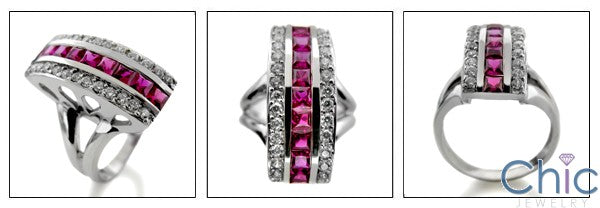 Channel Set Ruby Princess Cut Cubic Zirconia Right Hand 14k White Gold Ring