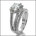 Matching Set 1.5 Ct Asscher Cubic Zirconia  Split Shank Pave Engagement Ring 14K White Gold