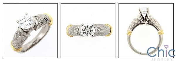 Round 1 Carat Cubic Zirconia 4 Prong Two tone Gold Estate Ring