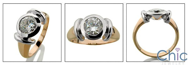 Solitaire 1.25 Round Stone in Bezel Two Tone Cubic Zirconia Cz Ring
