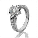Solitaire 1 Ct Pear shape Engraved Shank Cubic Zirconia Cz Ring
