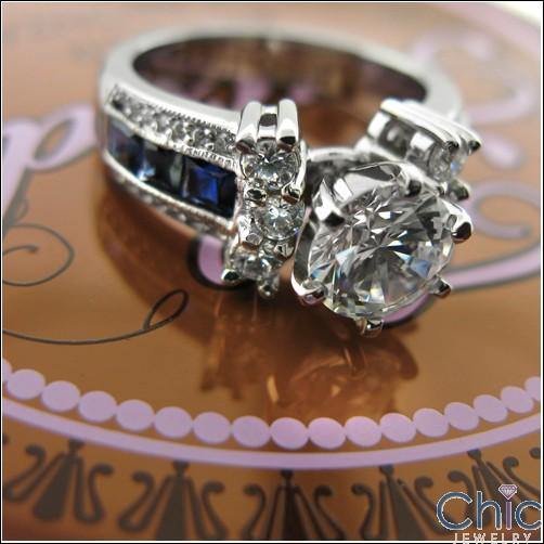 1.25 Brilliant  Round Cubic Zirconia Center Sapphire Channel Princess Sides 14k White Gold Engagement Ring